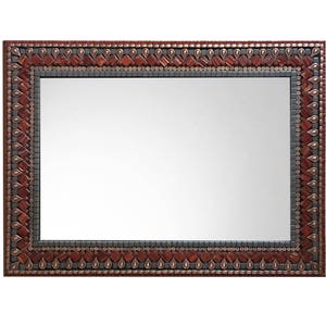 May include: A rectangular mirror with a decorative frame made of small, red and copper-colored tiles. The frame has a geometric pattern with a repeating teardrop design.
