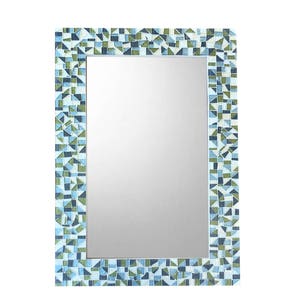 Mosaic Vanity Mirror: Rectangular Wall Mirror with Green, Blue, and Gray Tiles