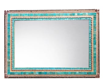 Bathroom Mirror, Rectangular Mirror, Mosaic Wall Mirror, Aqua Brown Copper