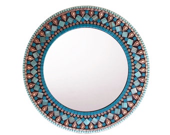 Round Wall Mirror, Mosaic Mirror, Aqua Copper Black