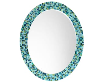 Mosaic Mirror, Oval, Teal and Lime Green Mirror for Wall