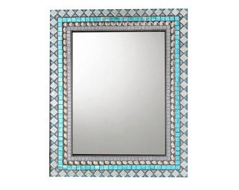 Handmade Mosaic Wall Mirror: Silver, Aqua, and Gray Glass