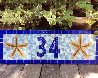 Mosaic Address Sign, House Numbers, Blue and Aqua, Starfish