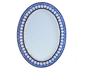 Wall Mirror, Blue and White Mosaic Mirror, Oval Mirror for Bathroom