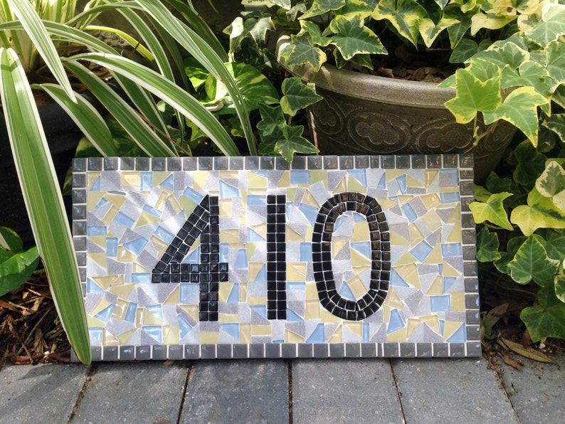 Outdoor House Numbers, Mosaic Address Sign in Gray, Yellow, Blue, White image 1