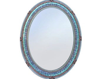 Oval Mosaic Mirror Aqua, Copper, and Gray // Mixed Media Mosaic Mirror // Wall Art