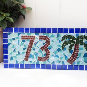 Mosaic Address Sign for Beach House, House Number Plaque with Palm Tree in Blue and Aqua