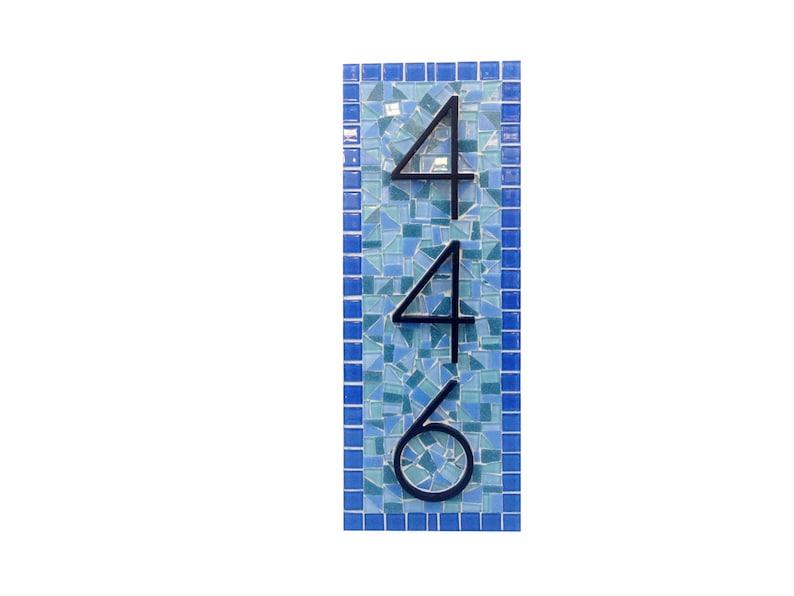 Address Sign, House Number Sign, Mosaic Address Plaque, Blue and Black, Unique Address Sign image 4