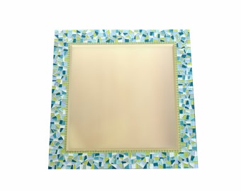 Aqua and Lime Green Mosaic Mirror, Square Wall Mirror
