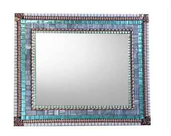 Wall Mirror, Aqua Gray Copper, Mosaic Mirror, Decorative Mirror, Beach House Decor, Mixed Media