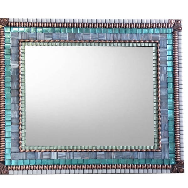Aqua Gray Mosaic Wall Mirror: Copper Accent Decorative Mirror