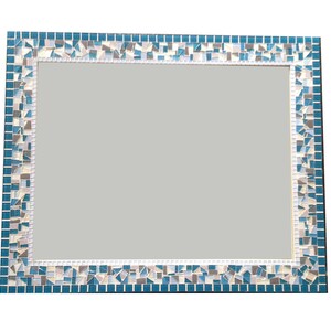 May include: A rectangular mirror with a mosaic frame. The frame is made of small, blue, white and grey tiles.