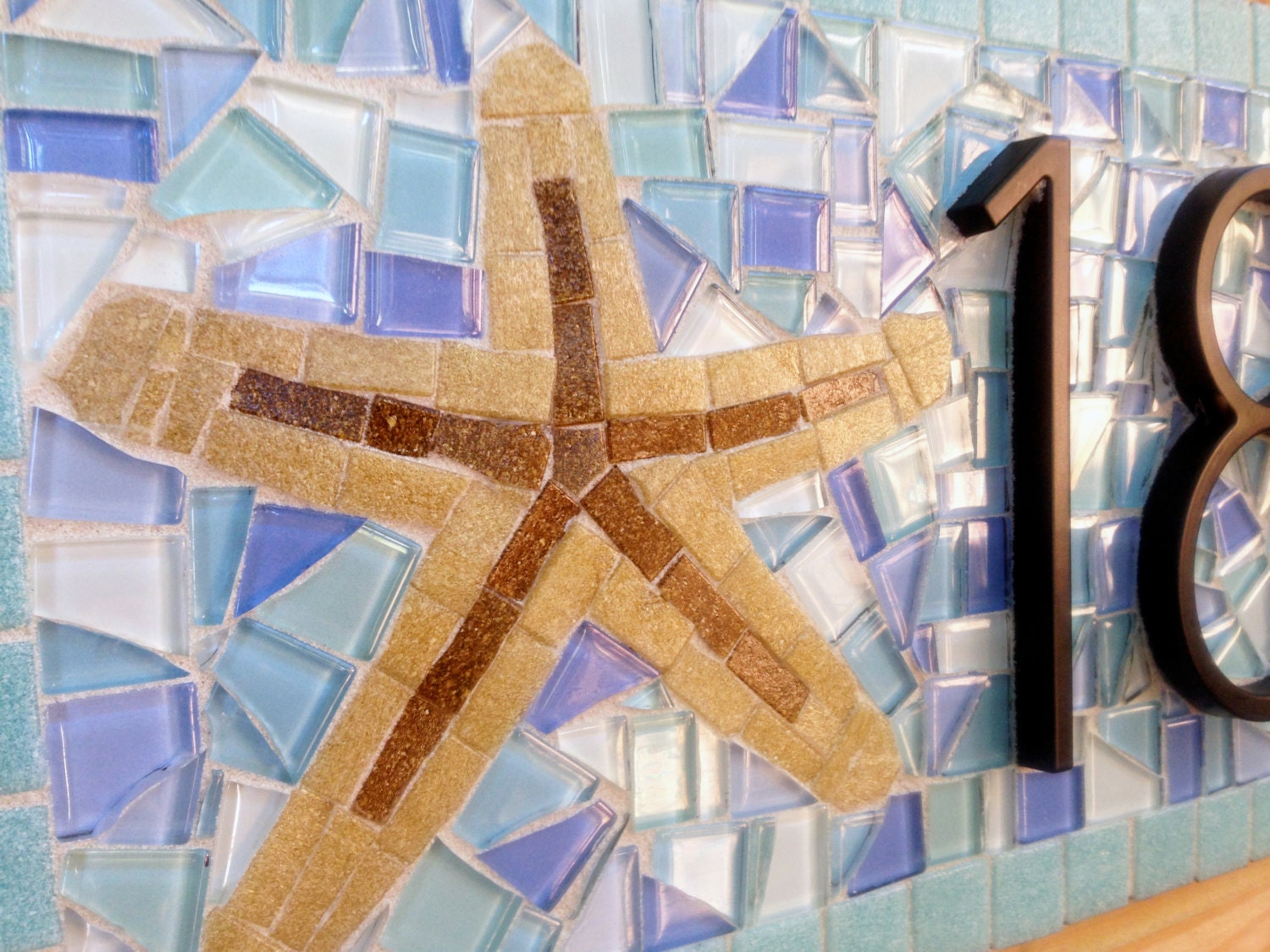Aqua and Blue Address Sign With Starfish Mosaic House Number | Etsy