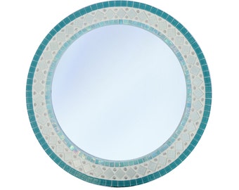Espejo redondo de pared / Mosaico aguamarina y blanco