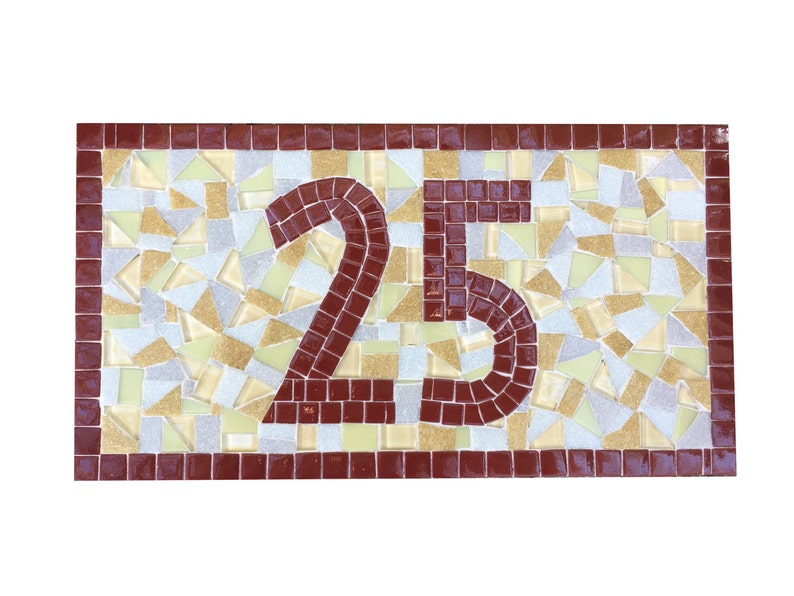 Mosaic Outdoor House Number Sign in Maroon, Gray, Golden Yellow image 1