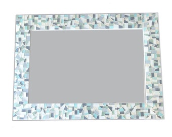 Mosaic Mirror // Neutral White, Gray, and Light Aqua // Beach House Decor