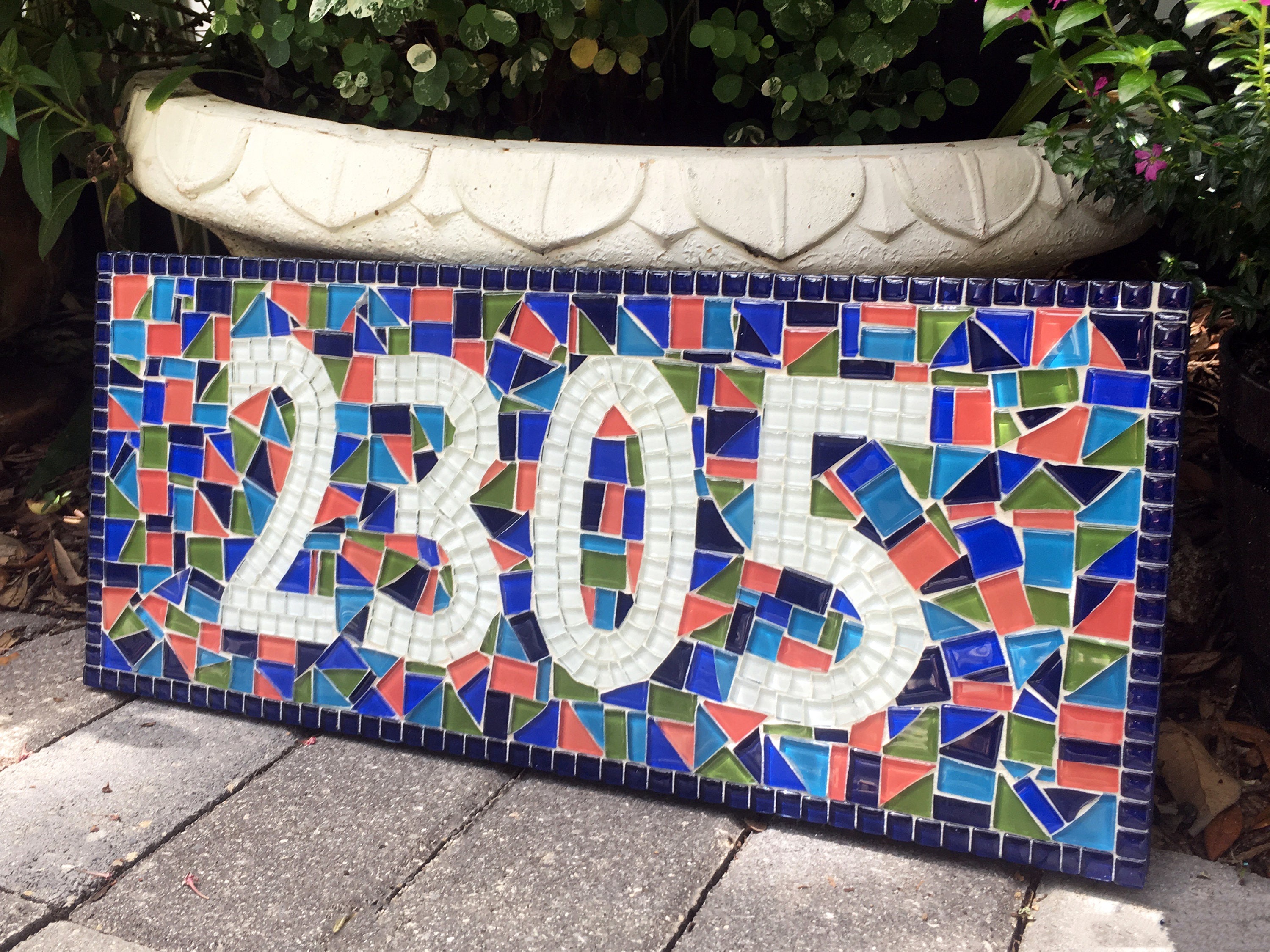Colorful Mosaic Address Plaque Outdoor House Numbers Navy Etsy