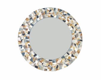 Mosaic Mirror, Round Wall Mirror, Beach House Decor - Gray Tan White,