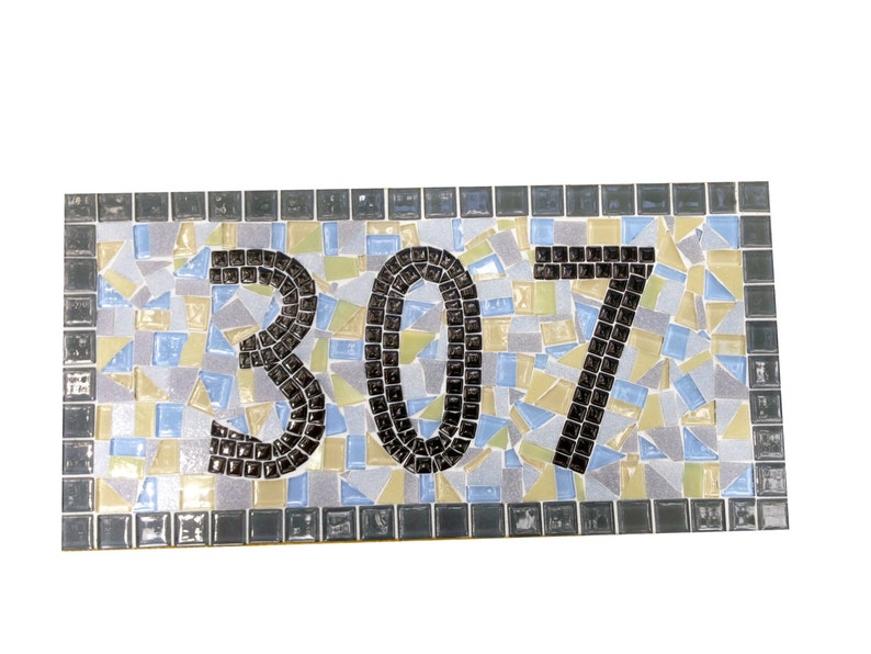 Outdoor House Numbers, Mosaic Address Sign in Gray, Yellow, Blue, White image 3