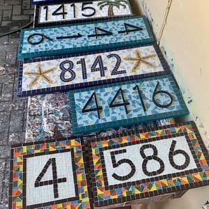 Outdoor House Numbers, Mosaic Address Sign in Gray, Yellow, Blue, White image 6