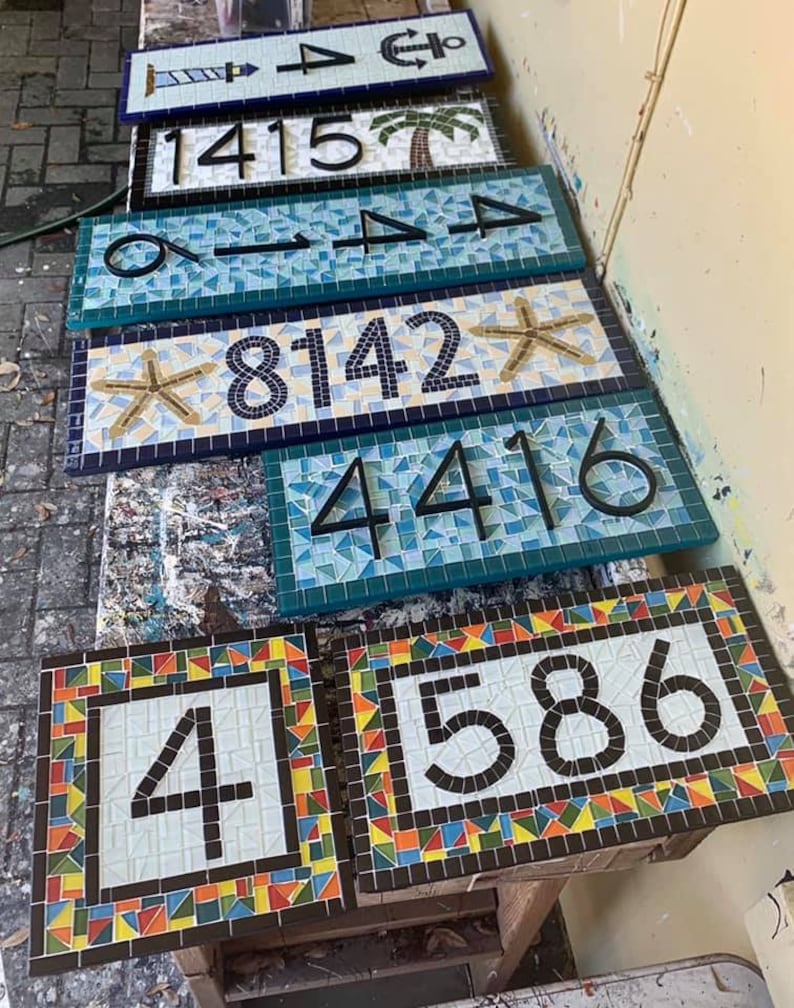 Outdoor House Numbers, Mosaic Address Sign in Gray, Yellow, Blue, White image 6