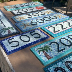 Beach House Address Sign in Blue and Aqua with Palm Trees, Mosaic House Number Sign image 10
