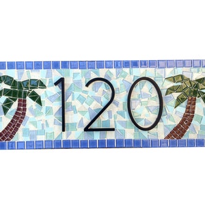 Beach House Address Sign in Blue and Aqua with Palm Trees, Mosaic House Number Sign image 1