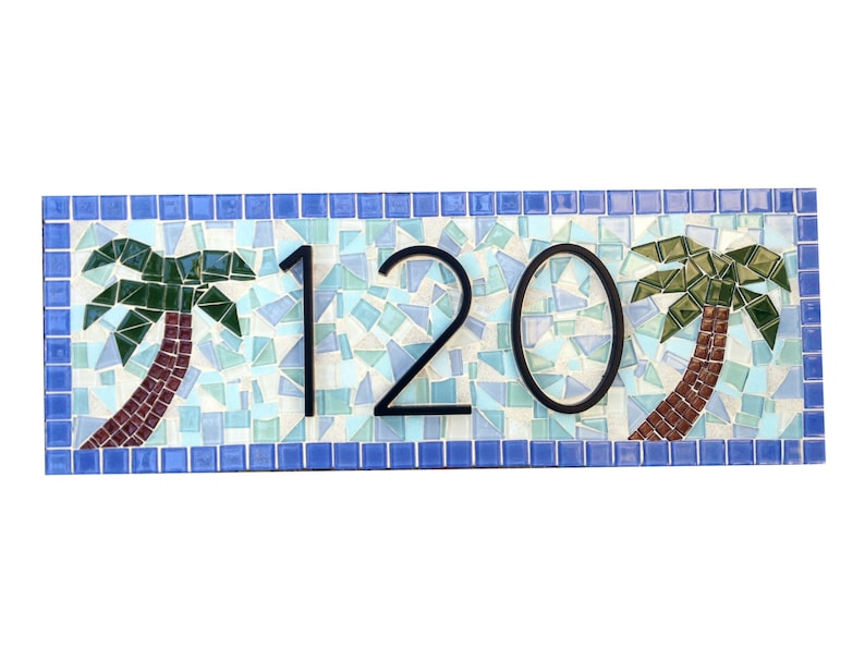 Beach House Address Sign in Blue and Aqua with Palm Trees, Mosaic House Number Sign image 1