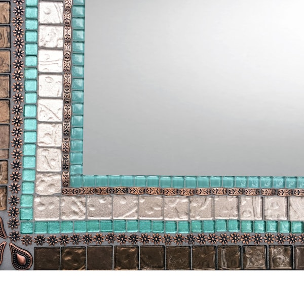 Large Mosaic Mirror, Beach House Decor, Copper Aqua Brown