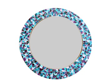 Teal and Purple Round Mosaic Wall Mirror, Stained Glass Mirror, Colorful Home Decor