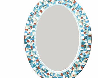 Oval Wall Mirror, Mosaic Mirror for Beach House, Aqua and White Mirror