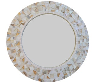 White and Gold Mosaic Mirror, Round Wall Mirror, White Home Decor, Wall Art, Decorative Mosaic Mirror
