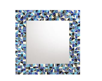 Blue Wall Mirror, Square Mosaic Mirror, Blue Home Decor, Handcrafted Mirror
