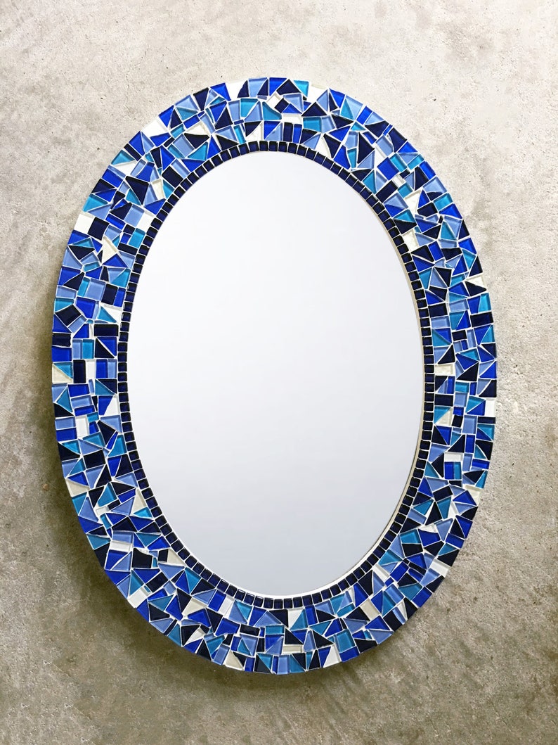 Blue Wall Mirror Oval Mosaic Mirror Etsy UK