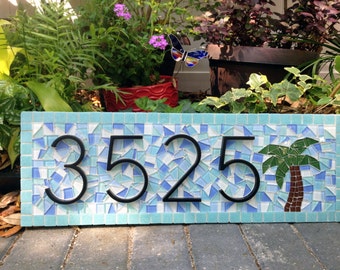 Beach House Address Sign -- House Number Plaque -- Palm Tree -- Mosaic Outdoor House Numbers