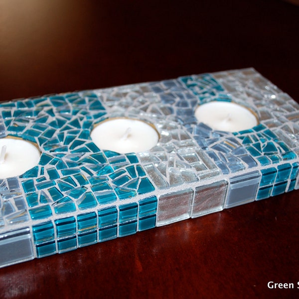 Mosaic Candle Holder, Centerpiece, Blue and Grey and Silver