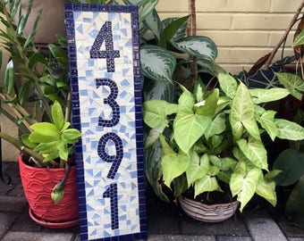 Vertical House Numbers, Blue and White House Number Sign, Mosaic Address Plaque