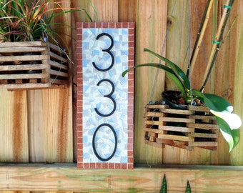 Address Sign, House Plaque, Outdoor Numbers - Coral Blue Gray