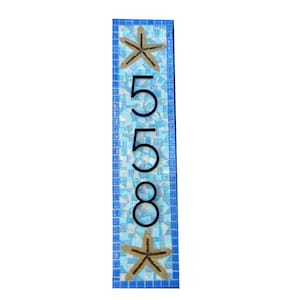 Blue and Aqua Beach House Address Plaque // Mosaic House Number Sign with Starfish