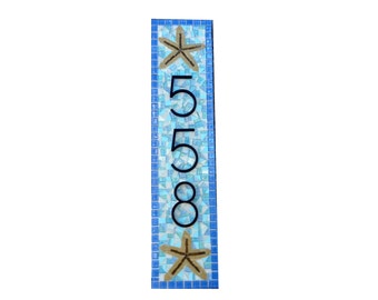 Placa de dirección de casa de playa azul y aguamarina // Letrero de número de casa de mosaico con estrella de mar