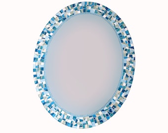 Blue and Aqua Oval Mosaic Mirror // Beach House Wall Decor