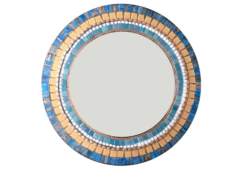 Round Mirror Navy Blue Copper Mosaic Mirror Etsy