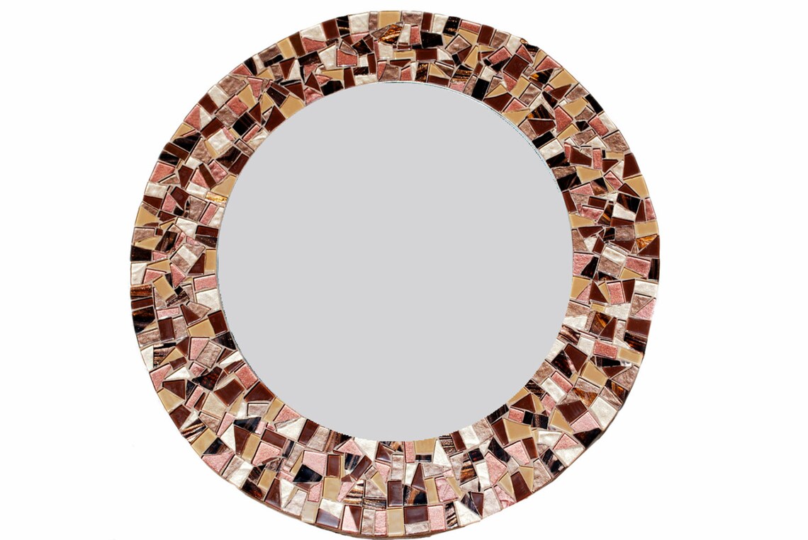 Round Mosaic Mirror Brown Wall Mirror Large Mirror Etsy