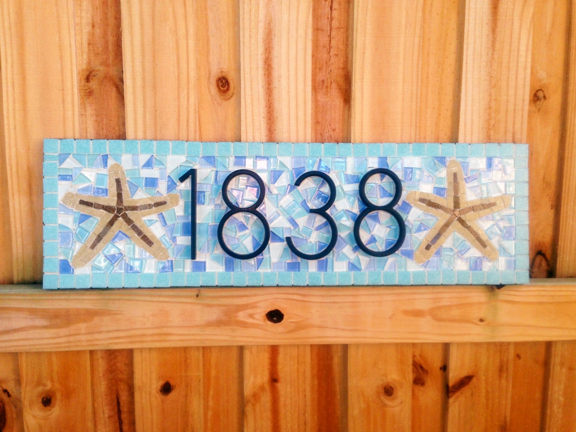 Aqua and Blue Address Sign with Starfish Mosaic House Number Etsy