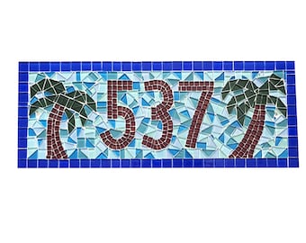 House Number Sign with Palm Trees, Mosaic Address Plaque