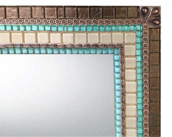 Wall Mirror, Beach House Decor, Bathroom Mirror, Mosaic Mirror in Aqua and Brown