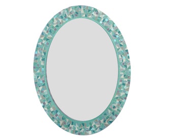 Oval Mosaic Mirror, Wall Mirror, Sea Green White and Gray, Decorative Mirror