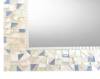 White Mosaic Wall Mirror: Pale Blue Glass, Handmade Decor