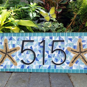 Address Plaque for Beach House // Mosaic House Number Sign // Starfish // Blue and Aqua