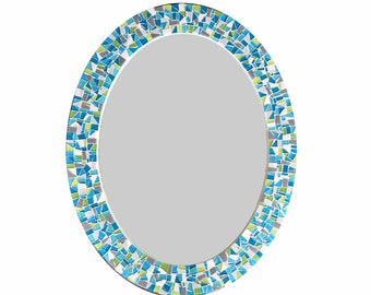 Oval Mosaic Mirror - Teal, Lime Green, Gray